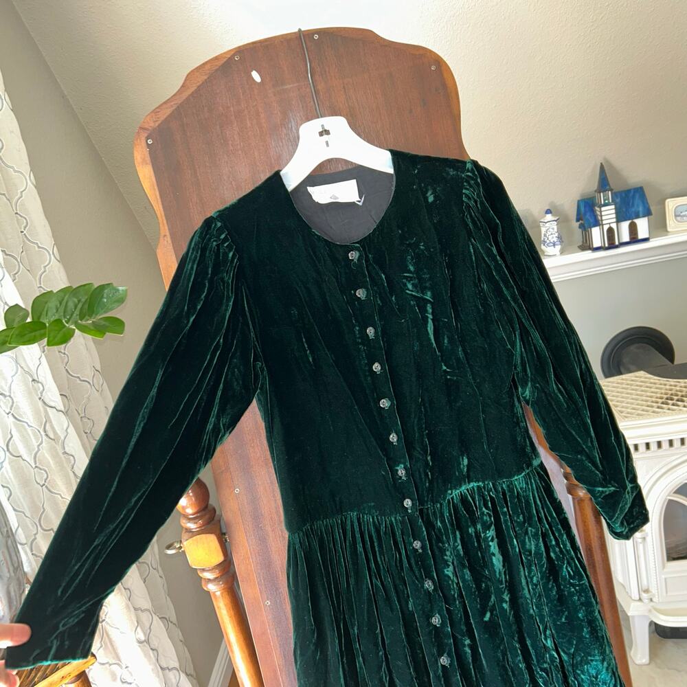 Vintage Eileen West Velvet Long Sleeve Dress Green Sz 6 button up holiday - Picture 6 of 12
